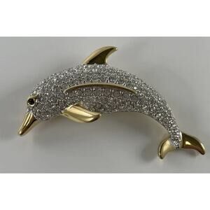 * SWAROVSKI Signed Vintage Clear Crystal Pave Dolphin Sea‎ Pin/Brooch Retired